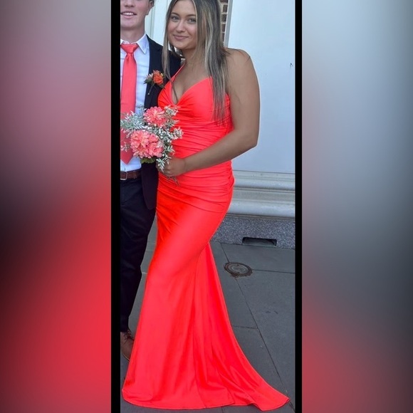 La Femme 29020 Plunging V-neck Ruched Prom Sheath Dress Neon Coral 0 - Picture 3 of 14